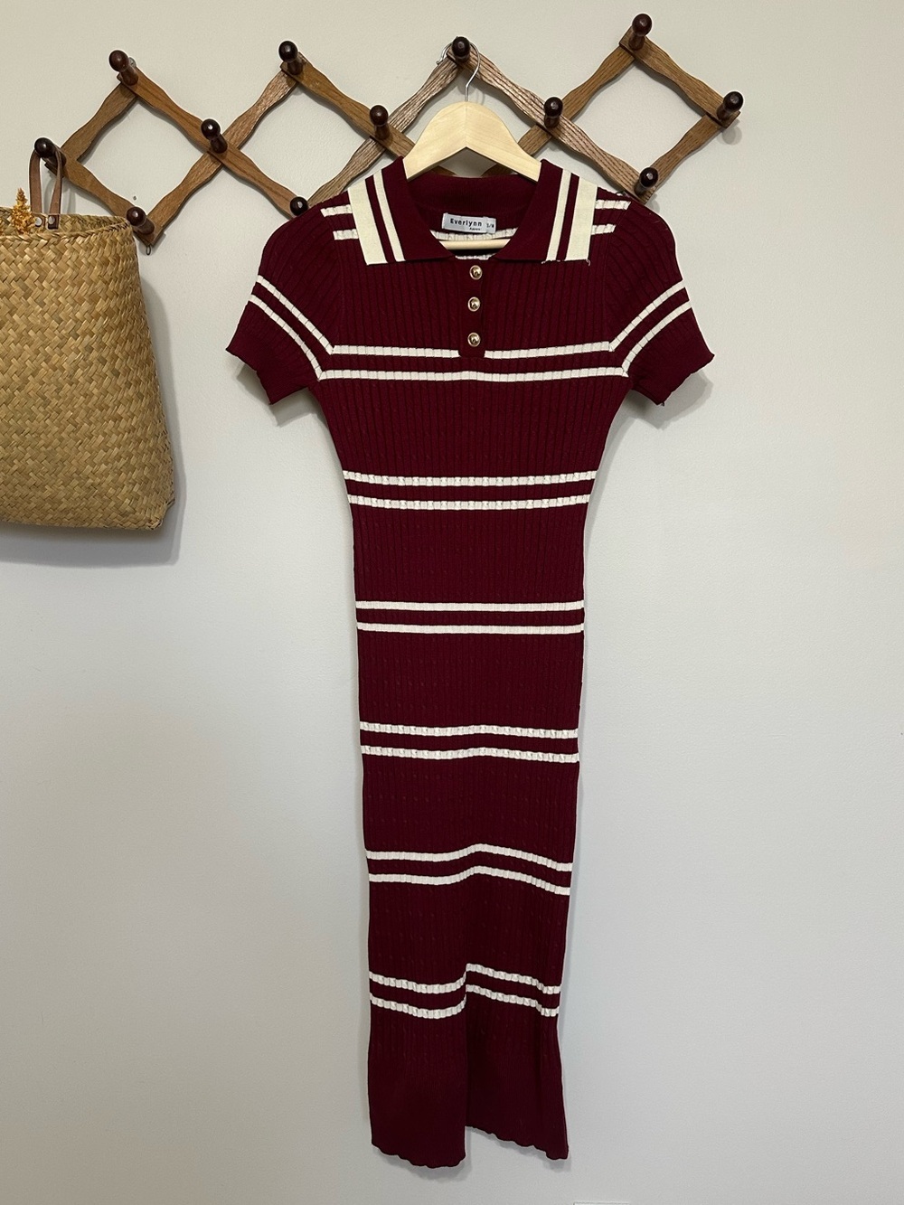Everly Burgundy and Cream Striped Ribbed Polo Midi Dress